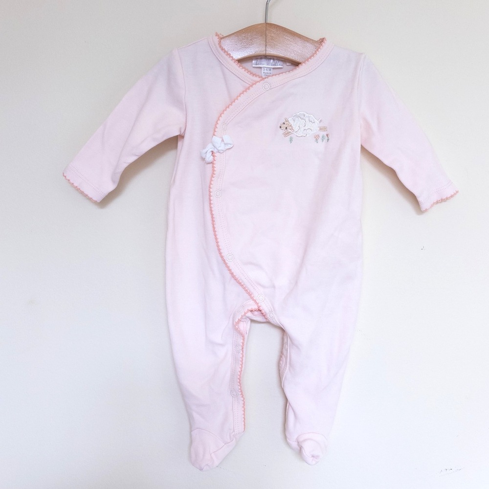 Tres Beau et Belle Footed Sleeper Pink Sheep Embroidered Pima Cotton Baby 3-6M